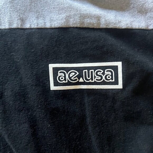 American Eagle Hoodie Pullover Black Gray AE USA Logo Spellout Sleeve - Picture 3 of 9